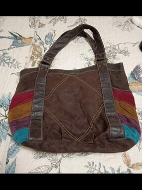 Vintage 70s Style Patchwork Suede Tote Bag – Rainbow Boho Shoulder Bag